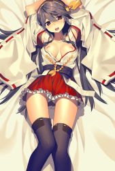 Rule 34 | 10s, 1girl, arms up, bad id, bad pixiv id, black hair, black thighhighs, blush, breasts, brown eyes, female focus, haruna (kancolle), hullabaloo, japanese clothes, kantai collection, long hair, looking at viewer, lying, nipples, no bra, nontraditional miko, on back, open clothes, open mouth, panties, ribbon-trimmed sleeves, ribbon trim, skirt, solo, thighhighs, thighs, underwear, white panties, wide sleeves