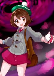 Rule 34 | 1girl, absurdres, backpack, bad id, bad pixiv id, bag, blush, bob cut, brown bag, brown eyes, brown hair, buttons, cardigan, collared dress, commentary request, creatures (company), dress, dynamax band, game freak, gloria (pokemon), green hat, grey cardigan, hat, highres, holding, holding poke ball, looking at viewer, miyama (yakinikusushi the royal), nintendo, open mouth, outstretched arms, pink dress, poke ball, poke ball (basic), pokemon, pokemon swsh, shiny skin, solo, tam o&#039; shanter, teeth, tongue, upper teeth only