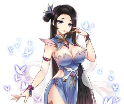 Rule 34 | 1girl, armlet, black hair, blue dress, bracelet, breasts, bug, butterfly, cleavage, clothing cutout, cowboy shot, dot nose, dress, game cg, hair ornament, hand up, head tilt, insect, jewelry, large breasts, lips, long hair, master of eternity, nadia (master of eternity), non-web source, official art, parted lips, purple eyes, see-through shawl, shawl, side cutout, side slit, simple background, solo, straight hair, transparent background, very long hair, white shawl