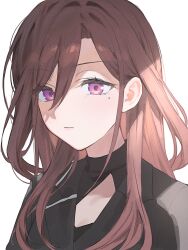 1girl alternate_hairstyle black_shirt brown_hair commentary_request expressionless highres higuchi_madoka idolmaster idolmaster_shiny_colors long_hair looking_ahead mole mole_under_eye portrait purple_eyes shirt simple_background solo white_background yumeme_818