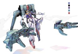 Rule 34 | beam rifle, blue eyes, commentary, energy gun, energy weapon, gun, gundam, gundam 00, gundam 00 a wakening of the trailblazer, gundam raphael, highres, holding, holding gun, holding weapon, kare (0621utak), mecha, mobile suit, no humans, open hand, robot, science fiction, simple background, solo, v-fin, weapon, white background