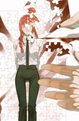 Rule 34 | 1girl, absurdres, arms behind back, black necktie, black pants, braid, chainsaw man, character print, closed eyes, collared shirt, commentary, feet out of frame, from above, highres, jigsaw puzzle, koujiaolaohuozi, long hair, long sleeves, makima (chainsaw man), necktie, pants, puzzle, puzzle piece, red hair, shirt, side braid, simple background, single braid, standing, white background, white shirt