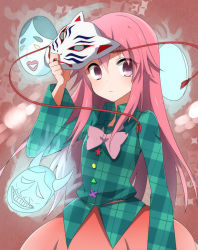 Rule 34 | 1girl, bad id, bad pixiv id, bow, expressionless, fox mask, hata no kokoro, ichimonme (ichi), long hair, long sleeves, mask, mouth mask, oni mask, pink eyes, pink hair, plaid, plaid shirt, shirt, skirt, solo, touhou, unmoving pattern, very long hair, wide sleeves