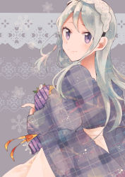 Rule 34 | 1girl, alternate costume, grey background, itomugi-kun, kantai collection, long hair, purple eyes, sagiri (kancolle), silver hair, smile, solo