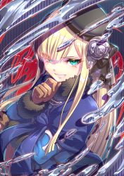 Rule 34 | 1girl, bad id, bad pixiv id, blonde hair, blue coat, blue eyes, brown gloves, coat, fate/grand order, fate (series), fur collar, gloves, grin, hand up, hat, highres, long hair, long sleeves, looking at viewer, lord el-melloi ii case files, magic, mercury (element), overlay (0verray), reines el-melloi archisorte, smile, solo, tilted headwear, tsurime
