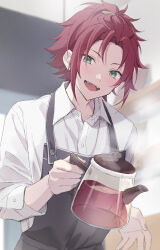 1boy :d absurdres alternate_costume apron bishounen black_apron buttons dress_shirt ensemble_stars! green_eyes head_tilt highres holding holding_teapot indoors isara_mao light_blush looking_at_viewer male_focus open_collar open_hand open_mouth reijiro shirt sleeves_past_elbows smile solo steam teapot teeth tongue upper_body upper_teeth_only waiter white_shirt