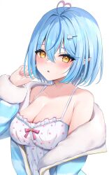 Rule 34 | 1girl, ahoge, blue hair, blue jacket, bob cut, breasts, camisole, character hair ornament, cleavage, colored tips, commentary request, crossed bangs, fingernails, frilled camisole, frills, fur-trimmed jacket, fur trim, hair between eyes, hair ornament, hairclip, heart, heart ahoge, highres, hololive, jacket, large breasts, looking at viewer, mikumineko, multicolored hair, nail polish, official alternate costume, official alternate hair length, official alternate hairstyle, pajamas, partially unzipped, pink nails, pointy ears, polka dot camisole, short hair, single bare shoulder, sleepwear, solo, spaghetti strap, striped clothes, striped jacket, upper body, virtual youtuber, white camisole, yellow eyes, yukihana lamy