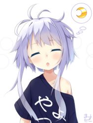 Rule 34 | 1girl, blush, closed eyes, clothes writing, collarbone, crescent, hair ornament, head tilt, kantai collection, long hair, masutaa, messy hair, off shoulder, open mouth, purple hair, shirt, short hair with long locks, sidelocks, signature, sleepy, solo, thought bubble, yayoi (kancolle)