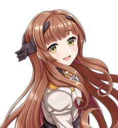 Rule 34 | 1girl, blunt bangs, brown eyes, brown hair, headgear, helena (kancolle), highres, kantai collection, long hair, long sleeves, looking at viewer, open mouth, simple background, smile, solo, tk8d32, upper body, white background