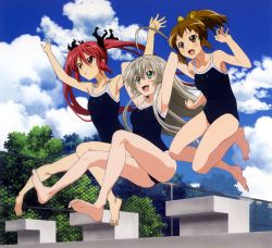 Rule 34 | 3girls, :3, :d, ahoge, armpits, barefoot, bell, blue one-piece swimsuit, chain-link fence, cloud, competition school swimsuit, cthugha (nyaruko-san), day, feet, fence, full body, hair bell, hair between eyes, hair ornament, haiyore! nyaruko-san, highres, huge ahoge, jumping, kurei tamao, legs, long hair, long legs, mole, multiple girls, no shoes, nyarlathotep (nyaruko-san), official art, one-piece swimsuit, open mouth, outdoors, parted bangs, ponytail, school swimsuit, side-by-side, sky, smile, soles, swimsuit, toes, tree, twintails, very long hair
