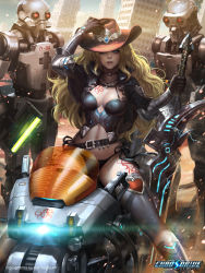 Rule 34 | 1girl, armor, belt, blonde hair, blue eyes, breasts, building, bustier, chaos drive, city, cleavage, cowboy hat, cropped jacket, electricity, hat, kilart, lips, long hair, motor vehicle, motorcycle, robot, ruins, sandqueen arne, science fiction, skyscraper, solo, sword, tattoo, thighhighs, vehicle, weapon