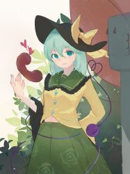 Rule 34 | 1girl, arm behind back, black hat, blouse, blush, bow, buttons, closed mouth, cly0116, commentary, cowboy shot, diamond button, floral print, frilled shirt collar, frilled sleeves, frills, green eyes, green hair, green skirt, hair between eyes, hand up, hat, hat bow, heart, heart of string, highres, komeiji koishi, leaf, lips, long sleeves, looking at viewer, medium hair, phone, rose print, shirt, skirt, smile, standing, third eye, touhou, wide sleeves, yellow bow, yellow shirt, ||/