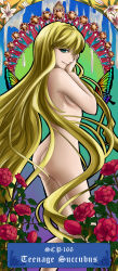 Rule 34 | 1girl, art nouveau, ass, blonde hair, butterfly wings, character name, dragon ash, flower, highres, insect wings, long hair, looking at viewer, nude, scp-166, scp foundation, smile, solo, tarot, very long hair, wings