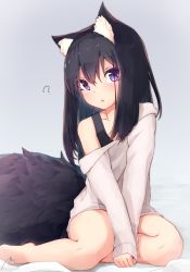 Rule 34 | 1girl, ?, animal ear fluff, animal ears, bare legs, bare shoulders, bed sheet, black hair, black tank top, blush, chestnut mouth, collarbone, commentary request, fox ears, fox girl, fox tail, full body, hair between eyes, head tilt, highres, long hair, long sleeves, looking at viewer, mayogii, off-shoulder, off-shoulder sweater, off shoulder, on bed, original, purple eyes, sitting, sleeves past wrists, solo, sweater, tail, tank top, white sweater, yokozuwari