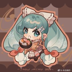 Rule 34 | 1girl, :o, apron, aqua hair, black footwear, bow, bowl, braid, brown background, brown kimono, brown skirt, carrot slice, character name, checkered background, chibi, commentary, earrings, food, food print, fork hair ornament, full body, gradient hair, hair bow, hardboiled egg, hatsune miku, japanese clothes, jewelry, kappougi, kimey, kimono, light blush, long hair, looking at viewer, low twin braids, multicolored hair, open mouth, red bow, scallop, sepia, shrimp, skirt, snowflake print, solo, soup curry, spoon hair ornament, star-shaped food, star (symbol), twin braids, twintails, vegetable print, very long hair, vocaloid, weibo logo, weibo watermark, white bow, yuki miku, yuki miku (2024)
