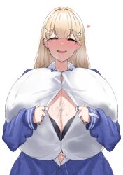 Rule 34 | 1girl, :d, absurdres, belt pouch, black bra, blonde hair, blue bow, blue bowtie, blue jacket, blush, bow, bowtie, bra, bra peek, breasts, brown eyes, claw ring, cleavage, collared shirt, cum, cum on body, cum on breasts, cum on upper body, gigantic breasts, goddess of victory: nikke, hair ornament, heart, heart-shaped pupils, highres, jacket, jewelry, long hair, looking at viewer, multiple rings, noe (ppppriver), off-shoulder jacket, off shoulder, open mouth, partially unbuttoned, pencil skirt, pouch, puffy sleeves, ring, saliva, shirt, simple background, skirt, sleeves past wrists, smile, solo, strap, symbol-shaped pupils, tia (nikke), underwear, white background, white shirt