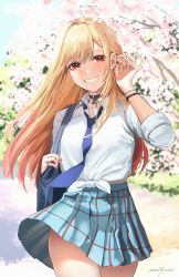 Rule 34 | 1girl, absurdres, blonde hair, blue skirt, breasts, cherry blossoms, choker, grin, highres, kitagawa marin, long hair, looking at viewer, medium breasts, meltyrice, nail polish, necktie, red eyes, red nails, shirt, skirt, smile, solo, sono bisque doll wa koi wo suru, tied shirt, tree
