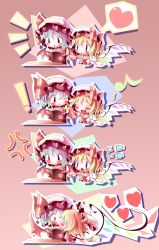 Rule 34 | !, 2girls, anger vein, angry, chibi, female focus, flandre scarlet, heart, incest, kiss, multiple girls, musical note, one side up, pink background, quaver, reading, remilia scarlet, siblings, side ponytail, sisters, spoken heart, spoken musical note, surprised, takahero, touhou, wings, yuri