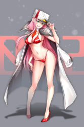Rule 34 | 10s, 1girl, between breasts, bikini, breasts, cleavage, coat, collar, commentary request, darling in the franxx, detached collar, female focus, full body, green eyes, groin, hand on headwear, hand up, hat, head tilt, high heels, highres, holding, holding clothes, holding hat, jacket, jacket on shoulders, large breasts, long hair, looking at viewer, navel, necktie, necktie between breasts, orange necktie, parted lips, peaked cap, pink hair, red bikini, red footwear, shadow, shoes, solo, standing, suishougensou, swimsuit, tongue, tongue out, very long hair, white coat, white collar, white hat, white jacket, zero two (darling in the franxx)