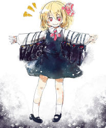 Rule 34 | 1girl, bag, blonde hair, gradient background, hair ribbon, murani, outstretched arms, red eyes, ribbon, rumia, shirt, shoe dangle, shopping bag, short hair, skirt, smile, solo, spread arms, touhou, vest