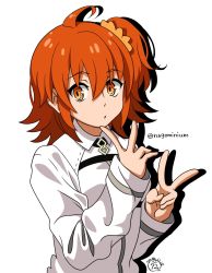 Rule 34 | 1girl, 2016, :o, ahoge, dated, fate/grand order, fate (series), flipped hair, fujimaru ritsuka (female), highres, looking to the side, namigon, orange eyes, orange hair, scrunchie, short hair, side ponytail, signature, simple background, solo, upper body, v, white background