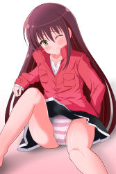 Rule 34 | 1girl, artist request, black skirt, blouse, blush, brown hair, collarbone, highres, long sleeves, looking at viewer, multicolored clothes, multicolored panties, multicolored underwear, one eye closed, panties, pantyshot, pink panties, print clothes, print panties, print underwear, red shirt, rou-kyuu-bu!, school uniform, shiny skin, shirt, simple background, sitting, skirt, striped clothes, striped panties, takamura mihoshi, tearing up, tears, undershirt, underwear, upskirt, wavy mouth, white background, white shirt, white undershirt, yellow eyes