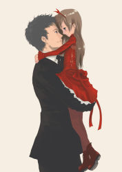 Rule 34 | 1boy, 1girl, arms around neck, artist request, carrying, child, dress, eye contact, fancy clothes, formal, height difference, hug, lifting person, looking at another, non-web source, pantyhose, red dress, simple background, size difference, suit, white background