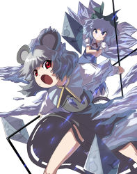 Rule 34 | 2girls, animal ears, blue eyes, blue hair, bow, cirno, grey hair, hair bow, highres, mouse ears, mouse tail, multiple girls, nazrin, red eyes, short hair, syope, tail, touhou, wings