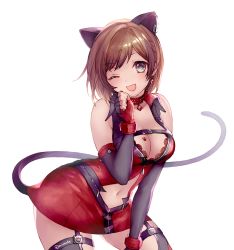 Rule 34 | 10s, 1girl, ;d, animal ears, bad id, bad pixiv id, blush, breasts, brown hair, cat ears, cat tail, choker, cleavage, clothing cutout, earrings, elbow gloves, fang, fingerless gloves, gloves, green eyes, idolmaster, idolmaster cinderella girls, jewelry, lace trim, large breasts, looking at viewer, maekawa miku, michudx, navel, navel cutout, one eye closed, open mouth, paw pose, paw print, short hair, simple background, smile, solo, tail, white background, zipper