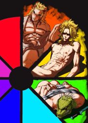 Rule 34 | 3boys, abs, arms behind back, ass, averting eyes, bara, bare pectorals, blonde hair, boku no hero academia, bound, bound arms, breast bondage, bulge, caiman (dorohedoro), clenched teeth, color wheel challenge, colored tips, completely nude, cropped legs, crotch bondage, dorohedoro, embarrassed, facial hair, forked eyebrows, framed crotch, goatee stubble, green scales, highres, japanese clothes, kimetsu no yaiba, kimono, knee up, large pectorals, lizardman, looking to the side, lying, male focus, mature male, medium hair, multicolored hair, multiple boys, multiple drawing challenge, muscular, muscular male, navel, nipples, nude, on stomach, open clothes, open kimono, pectorals, red hair, red rope, rengoku shinjurou, reptile boy, rope, scar, shaded face, shibari, skinny, smokerichi, sparse navel hair, spikes, spread legs, stomach, stubble, tape, tape bondage, teeth, thick eyebrows, thighs, unfinished, yagi toshinori