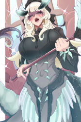 1girl absurdres black_dress black_tail blonde_hair blunt_bangs blush breasts chamber_dragonmaid cowboy_shot dragon_horns dragon_tail dragon_wings dress duel_monster duster fangs grey_eyes haijiru_0616 highres holding holding_duster horns huge_breasts long_hair low_wings maid_headdress open_mouth solo tail teeth tongue window wings yu-gi-oh!