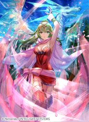 Rule 34 | 1girl, armpits, boots, breasts, cape, cleavage, company connection, copyright name, dragon, dress, fire emblem, fire emblem awakening, fire emblem cipher, fuzichoco, garter straps, gloves, green eyes, green hair, hair ornament, jewelry, long hair, medium breasts, nintendo, official art, outdoors, petals, pink thighhighs, pointy ears, ponytail, red footwear, red thighhighs, ribbon, short dress, sleeveless, solo, stone, thigh boots, thighhighs, tiara, tiki (adult) (fire emblem), tiki (fire emblem), zettai ryouiki