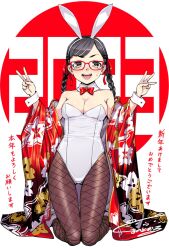 Rule 34 | 1girl, 2023, animal ears, black hair, blush, bow, bowtie, braid, breasts, cleavage, detached collar, detached sleeves, fake animal ears, fishnet pantyhose, fishnets, floral print, glasses, hair ribbon, highres, kneeling, kumadano, leotard, long hair, looking at viewer, medium breasts, new year, open mouth, orange eyes, original, pantyhose, playboy bunny, rabbit ears, red-framed eyewear, red bow, red bowtie, red ribbon, ribbon, simple background, solo, strapless, strapless leotard, sweat, twin braids, v, w, white leotard, wide sleeves, wrist cuffs