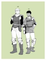 Rule 34 | 2boys, :d, ankle boots, armor, backpack, bag, belt, boots, border, chainmail, character age, dark-skinned male, dark skin, detached collar, dungeon meshi, full body, gauntlets, green background, greyscale with colored background, hand on own hip, hands up, height difference, highres, kabru, knee boots, knee guards, laios touden, leather armor, long sleeves, looking at another, looking to the side, male focus, mochimochimochi, monochrome, multiple boys, open mouth, pauldrons, short hair, shoulder armor, simple background, single pauldron, smile, standing, stitches