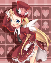 Rule 34 | 00s, 1girl, angel wings, arm up, black necktie, blonde hair, blue eyes, blush, breasts, clothes lift, clubs, collared shirt, cross print, diamond (shape), dress, elise von dietrich, fang, from side, gothic lolita, hair between eyes, hand on own hip, hat, hat tip, heart, heart print, jewelry, juliet sleeves, lolita fashion, long hair, long sleeves, looking away, necklace, necktie, o o, open mouth, pink background, plaid, plaid background, print skirt, puffy sleeves, red dress, red hat, red ribbon, red skirt, ribbon, shinozuka atsuto, shirt, silhouette, single wing, skirt, skirt lift, sky girls, small breasts, solo, spade, standing, top hat, white shirt, white wings, wings