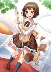 Rule 34 | 1girl, :d, absurdres, apron, back bow, bang dream!, black socks, blush, bob cut, bow, breasts, brown apron, brown eyes, brown footwear, brown hair, brown ribbon, brown skirt, coffee, coffee cup, collared shirt, commentary request, cup, disposable cup, eyebrows hidden by hair, frilled shirt collar, frilled skirt, frills, full body, hair ornament, hairclip, hazawa tsugumi, highres, himemiya chiharu, holding, holding spoon, kneehighs, leaf, light particles, looking at viewer, mini person, minigirl, neck ribbon, open mouth, plaid, plaid skirt, plate, ribbon, shadow, shirt, shoes, short hair, sidelocks, skirt, small breasts, smile, socks, solo, spoon, standing, sugar bowl, sugar cube, white shirt