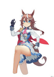 Rule 34 | 1girl, absurdres, animal ears, ascot, asymmetrical gloves, black gloves, blue eyes, blue jacket, blue skirt, blush, bow, brown hair, buttons, capelet, cropped legs, double-breasted, epaulettes, gloves, hair bow, hair flaps, hair ornament, high ponytail, highres, horse ears, horse girl, horse tail, jacket, leg up, long hair, long sleeves, mismatched gloves, multicolored clothes, multicolored hair, multicolored jacket, pink ascot, pink bow, pleated skirt, red capelet, simple background, single epaulette, skirt, smile, solo, streaked hair, sweat, tail, tokai teio (umamusume), two-tone hair, two-tone jacket, two-tone skirt, umamusume, white background, white gloves, white hair, white jacket, white skirt, zhimalin da