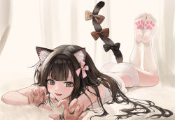 Rule 34 | 1girl, animal ear fluff, animal ears, arms up, bell, black hair, black ribbon, brown ribbon, cat ears, cat girl, cat tail, claw pose, commentary request, fang, feet, feet up, fingernails, foreshortening, full body, grey eyes, hair bell, hair ornament, hair ribbon, highres, kneehighs, korean commentary, legs, long fingernails, long hair, looking at viewer, lying, no shoes, on stomach, open mouth, original, panties, paw print soles, pink ribbon, ribbon, shirt, skin fang, sleeveless, sleeveless shirt, smile, socks, soles, solo, tail, tail ornament, tail raised, tail ribbon, the pose, tiss 221, underwear, white panties, white shirt, white socks