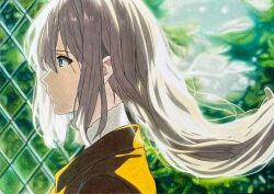 Rule 34 | 1girl, blonde hair, chain-link fence, collar, colored pencil (medium), day, derivative work, fence, highres, long hair, looking to the side, scene reference, shadow, shu graphic, solo, sunlight, traditional media, violet evergarden, violet evergarden (series)