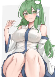 Rule 34 | 1girl, absurdres, blush, breasts, detached sleeves, feet out of frame, frog hair ornament, green eyes, green hair, hair ornament, highres, japanese clothes, knees, knees up, kochiya sanae, kuraki, large breasts, legs, looking at viewer, miko, shirt, simple background, sitting, smile, solo, touhou, white shirt