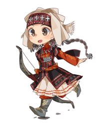 Rule 34 | 1girl, amira, black hair, boots, bow (weapon), braid, brown eyes, earrings, full body, head scarf, jewelry, long hair, monochrome, necklace, otoyomegatari, simple background, single braid, solo, sunameri oishii, traditional clothes, weapon, white background