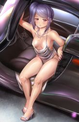 Rule 34 | 1girl, alternate costume, artist logo, azur lane, backless dress, backless outfit, bare arms, breasts, breasts apart, car, collarbone, cosplay, dress, finalcake, hair ornament, high heels, highres, jewelry, jill stingray, looking at viewer, motor vehicle, nail polish, necklace, no bra, no panties, parted lips, purple hair, purple nails, red eyes, revealing clothes, shiny footwear, side ponytail, sidelocks, silver dress, silver footwear, small breasts, solo, st. louis (azur lane), st. louis (azur lane) (cosplay), st. louis (luxurious wheels) (azur lane), thighs, va-11 hall-a