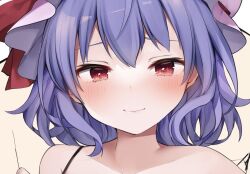Rule 34 | 1girl, blush, closed mouth, collarbone, commentary, hat, karasusou nano, looking at viewer, mob cap, pink hat, portrait, purple hair, red eyes, remilia scarlet, short hair, simple background, smile, solo, symbol-only commentary, touhou
