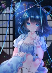 Rule 34 | 1girl, blue dress, blue eyes, blue hair, breasts, cacao (cacaomgmg), cleavage, closed mouth, commentary, dress, hair ornament, hair rings, hair stick, highres, kaku seiga, leg ribbon, looking at viewer, medium breasts, medium hair, night, night sky, open clothes, open vest, ribbon, short sleeves, signature, sky, sliding doors, smile, solo, star (sky), touhou, vest, white vest, wrist cuffs