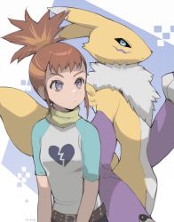 Rule 34 | 1girl, animal ears, animal nose, belt, black sclera, blue eyes, broken heart print, closed mouth, colored sclera, commentary, detached sleeves, digimon, digimon (creature), digimon tamers, english commentary, expressionless, flat chest, fox ears, fox tail, furry, furry female, highres, looking at viewer, looking to the side, makino ruki, milka (milk4ppl), neck fur, orange hair, ponytail, purple eyes, renamon, shirt, short sleeves, tail, white fur, yellow fur, yin yang