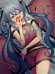 Rule 34 | 1girl, absurdres, apple, aqua eyes, aqua hair, aqua nails, bare arms, bare legs, bare shoulders, black ribbon, camisole, covering own mouth, crossed legs, eyelashes, food, fruit, hair between eyes, hair ribbon, hand on own stomach, hatsune miku, highres, holding, holding food, holding fruit, lace-trimmed camisole, lace-trimmed shorts, lace trim, looking at viewer, lying, messy hair, midriff, nail polish, navel, on back, pillow, pink camisole, polka dot camisole, red apple, ribbon, romeo to cinderella (vocaloid), solo, strap slip, tsumurimai, twintails, vocaloid
