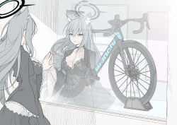 Rule 34 | 1girl, absurdres, against glass, animal ears, bianchi (company), bicycle, black dress, blue archive, blue eyes, breasts, broken halo, choker, cleavage, cross hair ornament, dark halo, dress, extra ears, frilled sleeves, frills, grey hair, hair ornament, halo, highres, large breasts, long hair, masabodo, mismatched pupils, reflection, shiroko (blue archive), shiroko terror (blue archive), solo, wide sleeves, window, wolf ears