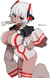 Rule 34 | blunt bangs, bow, bowtie, braid, breasts, capelet, center opening, cleavage, cowboy shot, dark-skinned female, dark skin, dress, from side, grey hair, hair over shoulder, highres, horns, jitome, large breasts, looking at viewer, lunafan, mechanical ears, open mouth, original, pencil dress, red bow, red bowtie, red eyes, sanpaku, shisoneri, short dress, simple background, sleeves past fingers, sleeves past wrists, thighhighs, tight clothes, tight dress, traditional bowtie, twin braids, twitter username, white background, white dress, white hair