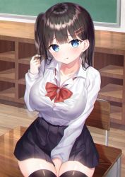 Rule 34 | 1girl, black hair, black skirt, black thighhighs, blue eyes, bow, bowtie, bra, bra visible through clothes, breasts, button gap, classroom, collared shirt, commentary request, cowboy shot, desk, hair ornament, twirling hair, hairclip, hand up, hinaki (hinaki 0102), large breasts, long hair, looking at viewer, miniskirt, one side up, original, pleated skirt, school desk, school uniform, see-through, shirt, shirt tucked in, skirt, solo, thighhighs, tongue, tongue out, underwear, white shirt, zettai ryouiki