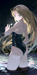 Rule 34 | 1girl, ass, bare arms, bare shoulders, black one-piece swimsuit, blonde hair, blue eyes, breasts, closed mouth, competition school swimsuit, forehead, from behind, jewelry, kofune ushio, long hair, looking at viewer, looking back, medium breasts, necklace, night, night sky, omurice (304975636), one-piece swimsuit, outdoors, school swimsuit, shell, shell necklace, sky, summertime render, swimsuit, very long hair, wading, water